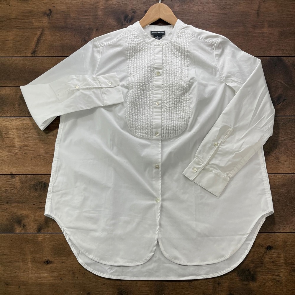 NEW VTG Sutton Studio White Beaded Bib Pintuck Tunic Shirt Band Collar Size 14